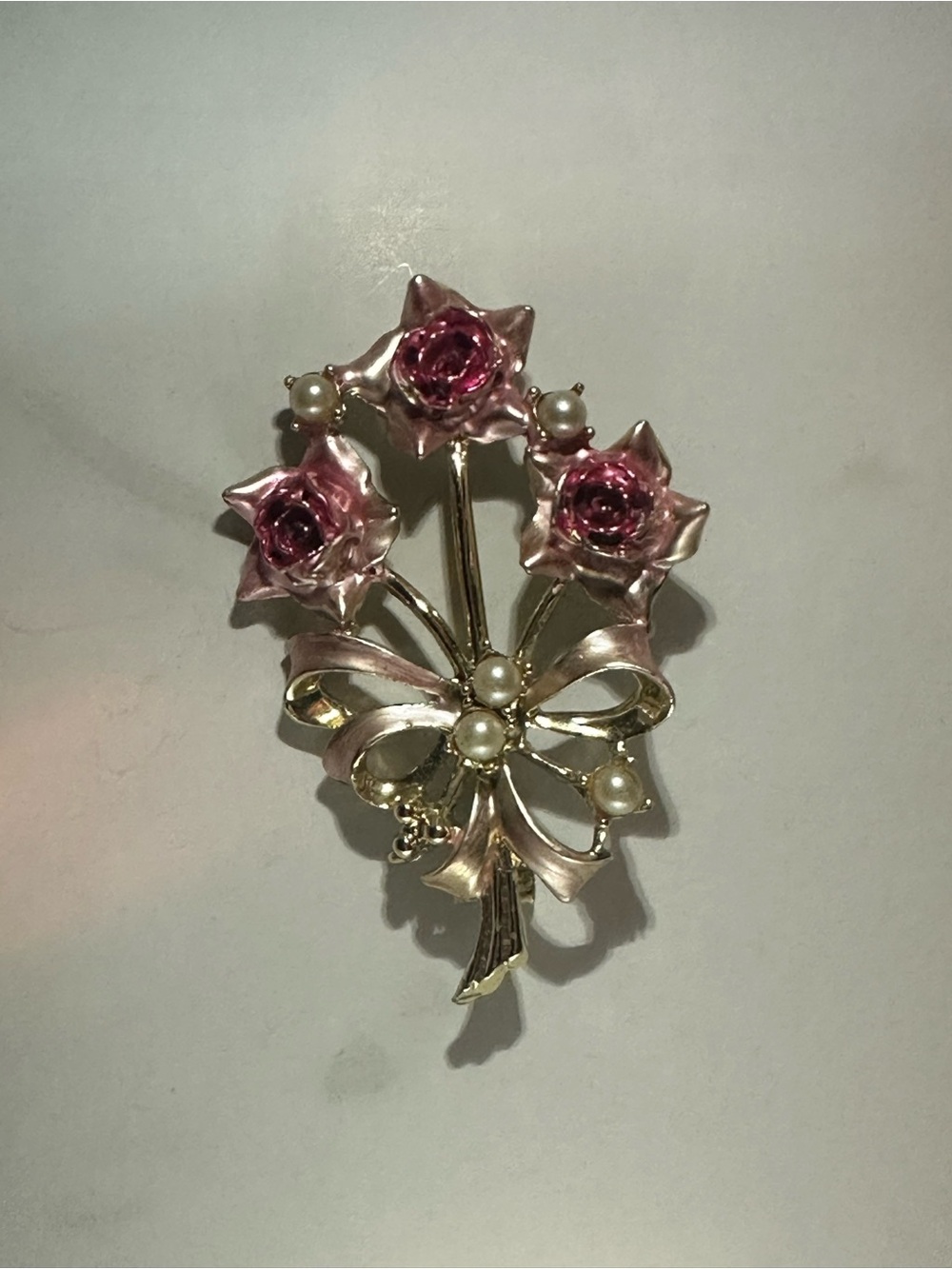 Gold-Tone Pink Rose Bouquet Brooch with Faux Pearls